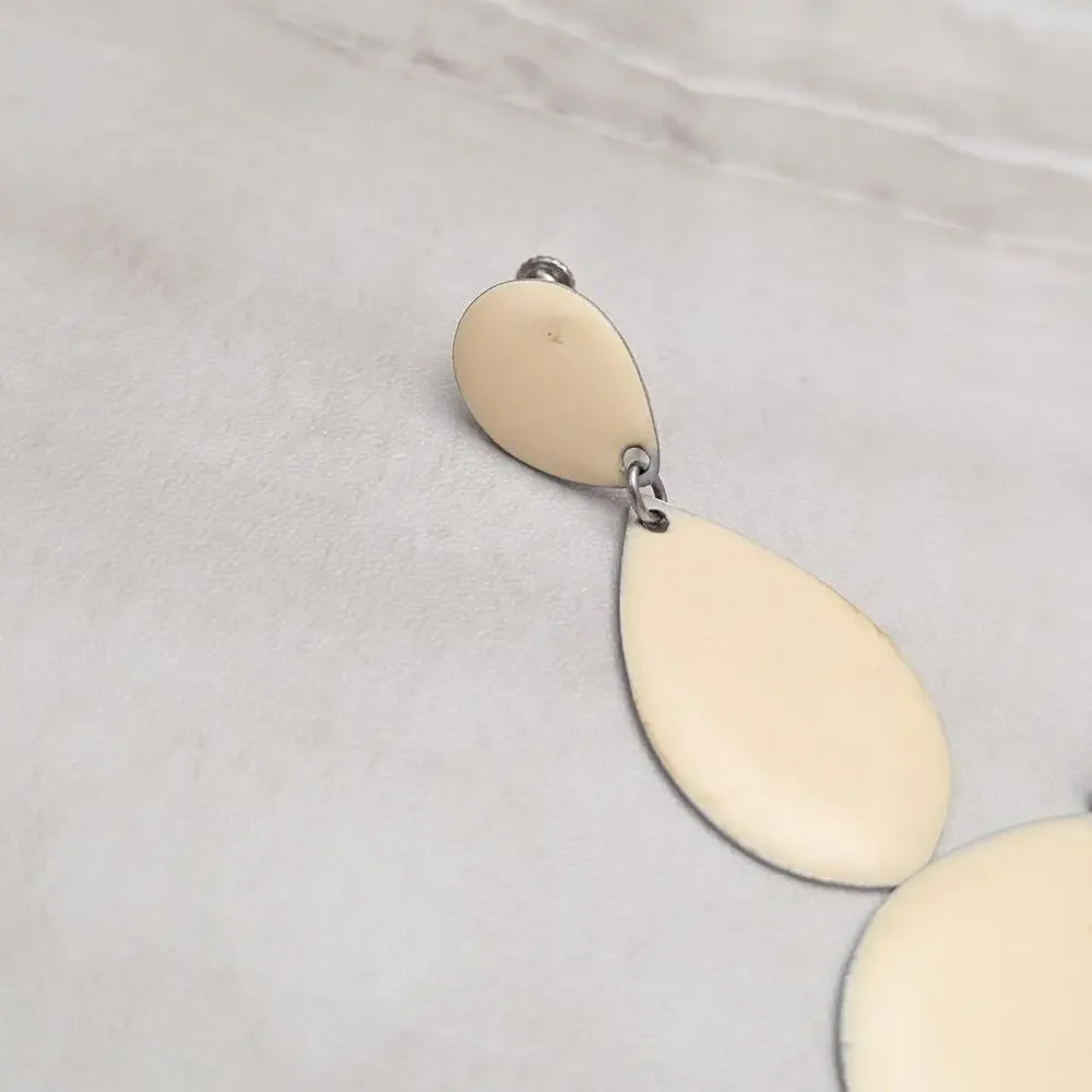 Vintage Napier Clip On Earrings Large Drop Dangle Cream Enamel - Fair Condition